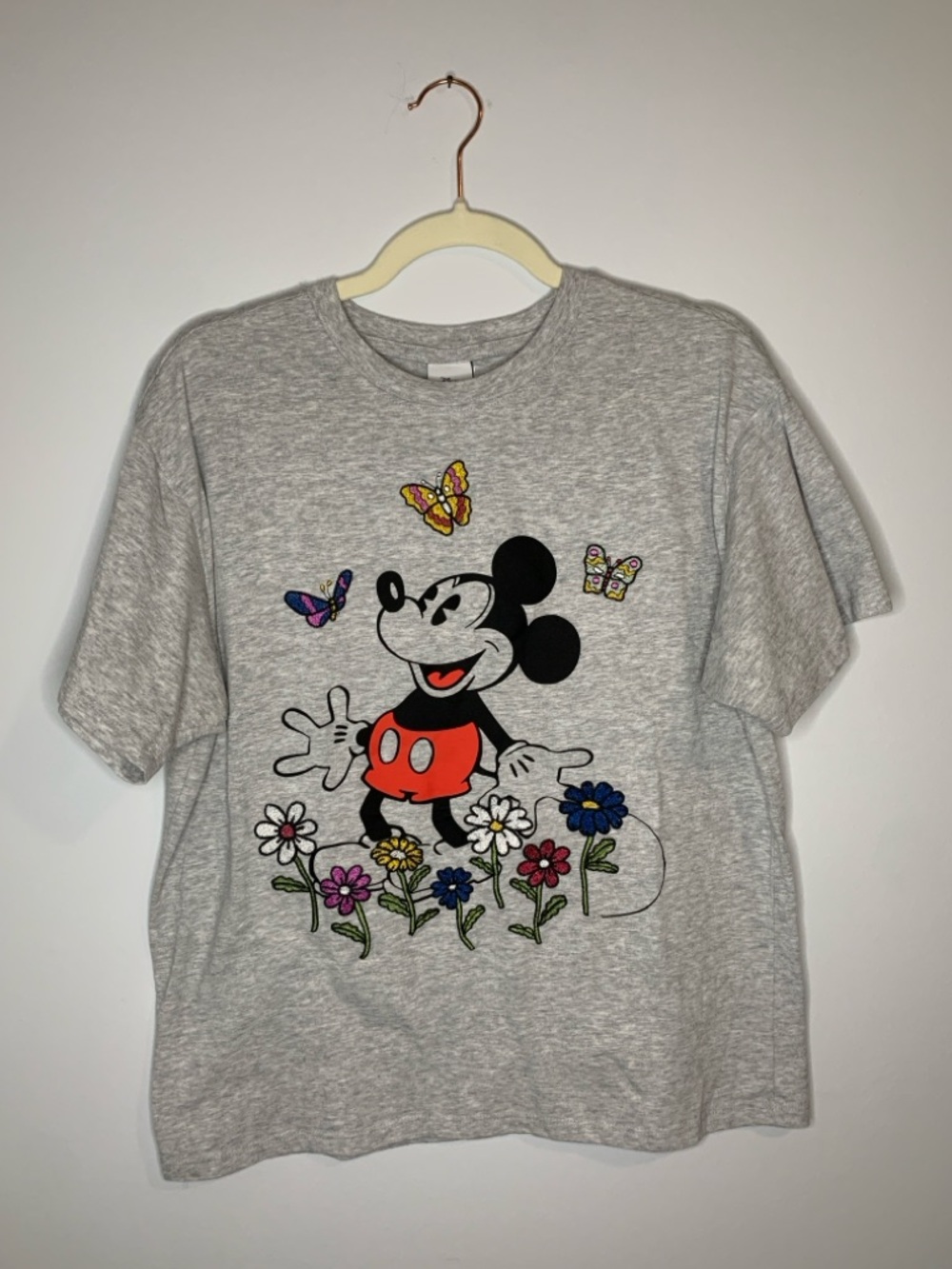 Disney Mickey Mouse Embroidered Graphic Tee with Colorful Flowers